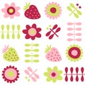 Hippie aesthetic pattern with daisy flowers, strawberries and dragonflies. Psychedelic print for paper, textile and fabric. Hand Royalty Free Stock Photo