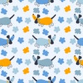 Hippie aesthetic seamless pattern with dachshunds and flowers. Groovy background for T-shirt, poster, card and print.