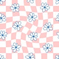 Hippie aesthetic seamless pattern with daisies in 1970s style. Groovy background for T-shirt, poster, card and print.