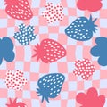 Hippie aesthetic strawberries and spotted flowers seamless pattern. Retro summer print for fabric, paper, T-shirt in 1970s style. Royalty Free Stock Photo