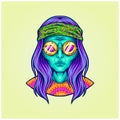 Hippie alien girl with glasses psychedelic logo illustrations