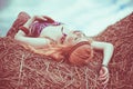 Hippie blone girl cheerful, peaceful and free. Summer time Royalty Free Stock Photo