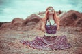 Hippie blone girl cheerful, peaceful and free. Summer time Royalty Free Stock Photo