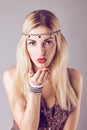 Hippie boho woman sending kiss. Romantic style Royalty Free Stock Photo