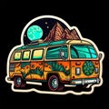 Hippie camper. Camping van. Vintage Camp sticker, patche, emblem designs. For shirts, stamps, badges and labels. Ai generative