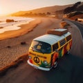 Hippie camper van travels the coastal road