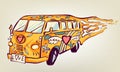 Hippie car, mini van. Isolated object. Psychedelic print concept