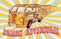 Hippie car, mini van on rays background. Bright adventure poster. Psychedelic concept Royalty Free Stock Photo