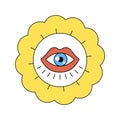 Hippie chamomile strange character good vibes. Retro daisy mascot with eye in mouth. Flower head with crazy face