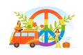 Hippie Characters, Old Retro Classic Traveling Van and Rainbow Peace Symbol, Happy People Wearing Retro Clothes of the Royalty Free Stock Photo
