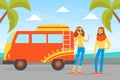 Hippie Characters, Young Man and Woman Standing Next Old Retro Classic Traveling Van, Happy People Wearing Retro Clothes Royalty Free Stock Photo