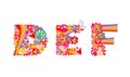 Hippie childish alphabet with colorful abstract flowers, rainbow and mushrooms. DEF