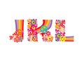 Hippie childish alphabet with colorful abstract flowers, rainbow and mushrooms. J, K, L