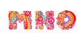 Hippie childish alphabet with colorful abstract flowers, rainbow and mushrooms. M, N, O