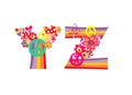 Hippie childish alphabet with colorful abstract flowers, rainbow and mushrooms. Y, Z