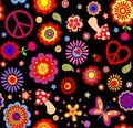Hippie childish funny wallpaper with abstract flowers, mushrooms and peace symbol