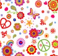 Hippie childish funny wallpaper with abstract flowers, mushrooms, rainbow and peace symbol