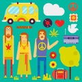 Hippie culture style vector characters and symbols