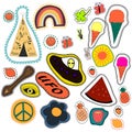 Hippie embroidery hand drawn patches collection. vector set illustration coffee, arrow, wigwam, rainbow, pineapple