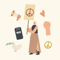 Hippie Female Activist Character with Peace Sign Banner Protest for Love against War. Protesting Woman with Placard Riot