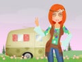 Hippie girl and caravan Royalty Free Stock Photo