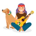 Hippie Girl with Guitar and Dog