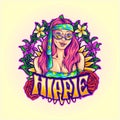 Hippie girl joyful smiling with bohemian frame illustration