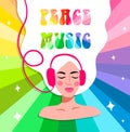 Hippie girl listens to music on psychedelic rainbow background Royalty Free Stock Photo