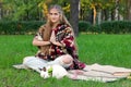 Hippie girl meditation yoga in the park  vintage rabbit pet Royalty Free Stock Photo