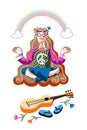 Hippie girl sitting in lotus pose front of guitar