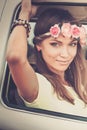 Hippie girl in a van Royalty Free Stock Photo