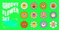 Hippie groovy chamomile smiley character set. Retro funny daisy collection. Hippy psychedelic smile flower faces