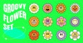 Hippie chamomile smiley character set. Retro funny daisy collection. Hippy psychedelic smile flower faces. Positive