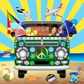 Hippie Groovy Van Traveling to the Beach for Summer Holidays Vector Illustration Royalty Free Stock Photo