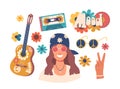 Hippie Icons Set. Guitar, Tape, Hand With Peace Gesture And Person. Vibrant And Symbolic Images, Vector Illustration