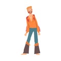 Hippie Man Character, Happy Bearded Man Wearing Flared Jeans and Colorful Shirt Cartoon Vector Illustration