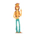 Hippie man with yellow ribbon in hair, dressed in hippies style clothing standing and smiling. Colorful character vector