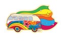 Hippie minivan bus, 70s, 60s vintage style sticker decorated with rainbow and psychedelic flowers. Vector illustration