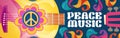 Hippie music cartoon banner with acoustic guitar