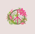 Hippie peace flower symbol with tropical leaves, pink lily flowers and palm branches for t shirt fashion print, bag design and oth Royalty Free Stock Photo