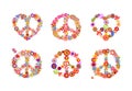 Hippie peace flowers symbols collection