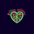 Hippie peace green sign in heart shape with love, peace and joy lettering, paisley, butterfly and flower-power on dark background. Royalty Free Stock Photo