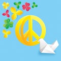 Hippie peace symbol with flowers and origami