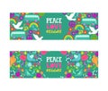 Hippie peace symbol. Peace, love, reggae music vector banner. Colorful background with white doves, rainbow, bus and