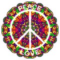 Hippie peace symbol. Peace and love on ornate colorful mandala background.