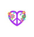 Hippie peace violet sign in heart shape and colorful flower-power on white background for bag design and girl shirt print