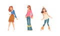 Hippie People Character Wearing Retro Style Clothing Performing Dancing Movement Vector Set