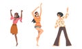 Hippie People Character Wearing Retro Style Clothing Performing Dancing Movement Vector Set