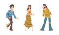 Hippie People Character Wearing Retro Style Clothing Performing Dancing Movement Vector Set