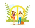 Hippie People Characters, Couple Wearing Retro Clothes of the 60s and 70s Standing at Peace Style Vector Illustration Royalty Free Stock Photo